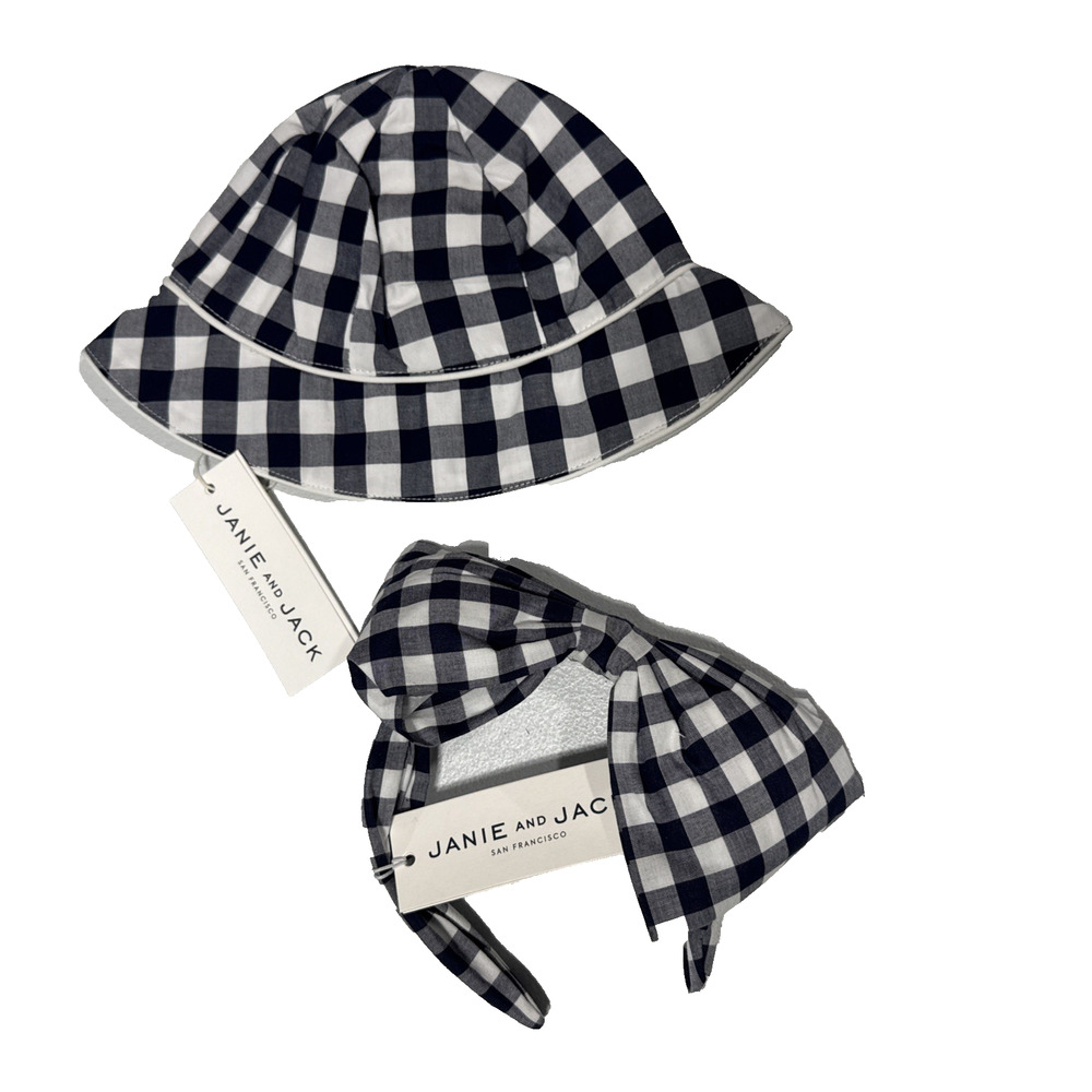 Janie and Jack Headband & Bucket Sun Hat Set Black Gingham Girls Sz 6-12 Months